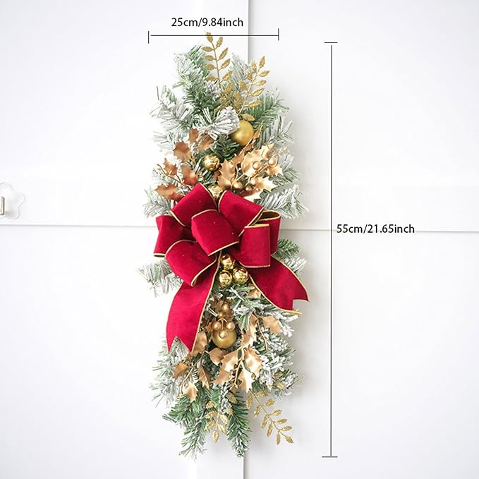 SM SunniMix Christmas Swag Teardrop Swag Artificial Wreath Door Swag Decorative Bow Ornament Lightweight PP Material Suitable for Gift Giving Home Decoration, Gold Red