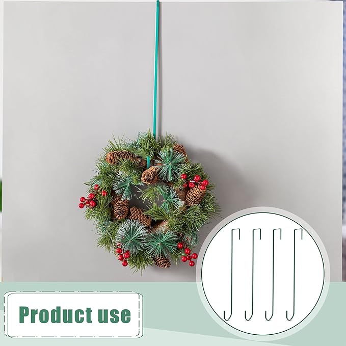 Hotop 15 Inch 4 Pcs Wreath Hangers for Front Door Steel Metal Wreath Doors Hanger Over The Door Hanger Hook Indoor or Outdoor for Christmas Halloween Front Decorations Welcome Sign(Green)