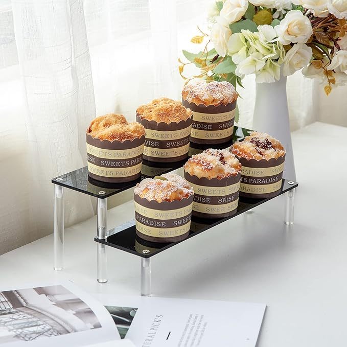 2 Tier Black Acrylic Display Riser Cupcake Stand Display Shelf for Decoration, Makeup