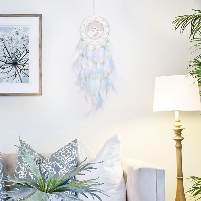 Pretty Jolly White Tree of Life Dream Catcher Wall Decor with Luminous Beads Handmade Crystal Stones Dreamcatchers Wall Hanging with Small Butterfly Pendant for Bedroom Wedding Party Wish Gift