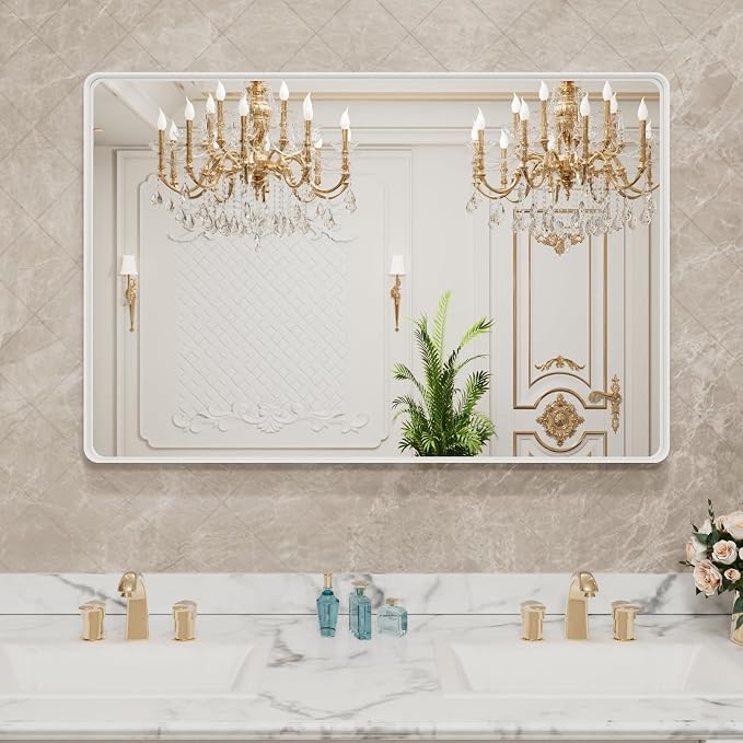 LOAAO 40x32 Inch White Metal Framed Bathroom Mirror for Wall, White Bathroom Vanity Mirror Farmhouse, Large Rounded Rectangle Mirror, Anti-Rust, Tempered Glass, Hangs Horizontally or Vertically