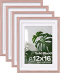 Egofine 12x16 Picture Frames Set of 4, Made of Solid Wood Covered by Plexiglass 9x12 and 11x14 with Mat or 12x16 without Mat, for Wall Mounting Photo Frame Peach Pink