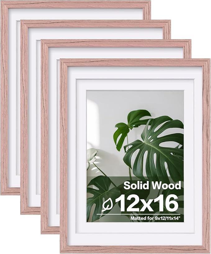 Egofine 12x16 Picture Frames Set of 4, Made of Solid Wood Covered by Plexiglass 9x12 and 11x14 with Mat or 12x16 without Mat, for Wall Mounting Photo Frame Peach Pink