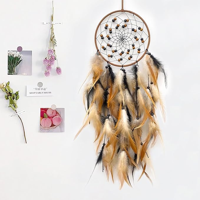 Large Feather Dream Catcher Handmade Native American Dream Catchers Bohe Wall Hanging Decoration Ornament for Kids Bedroom Car Decor Home Decoration Birthday Party Brown