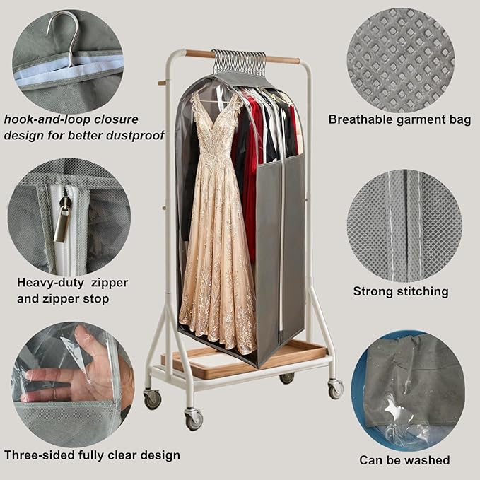 15" Gusseted Long Dress Bags for Gowns,60" Clear Garment Bags for Hanging Clothes, Completely Sealed Storage Covers and Dust-proof Protector with Full Heavy-duty Side Zipper for Travel, 4-Pack