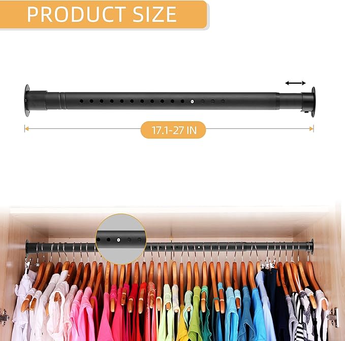 Closet Rods for Hanging Clothes, 1.3 Inch Diameter Heavy Duty Closet Rod 17-28 Inch Adjustable, Metal Closet Poles for Hanging Clothes, Matte Black Bar for Closet, Wardrobes, Bathroom, Windows