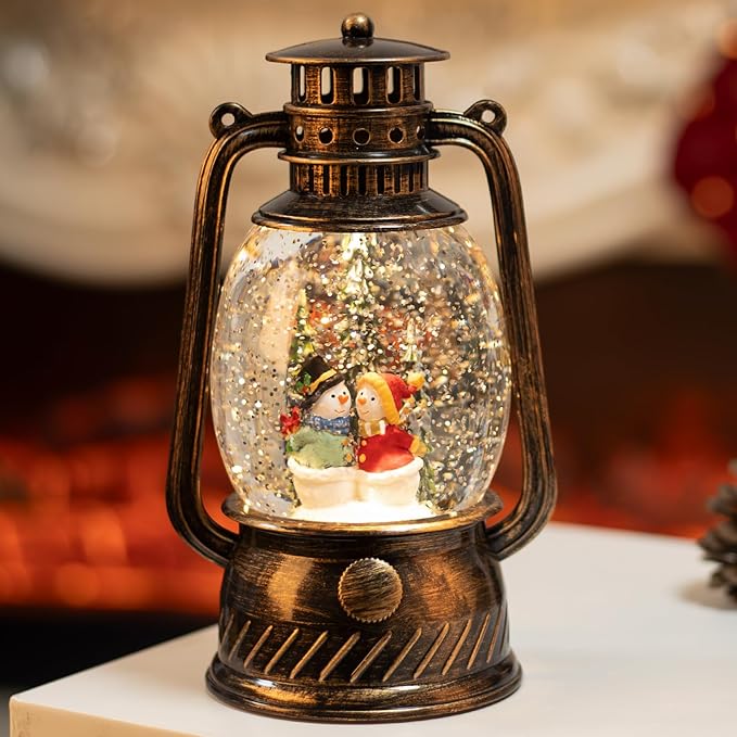 Snow Globe Christmas Decorations Snowman, Musical Glitter Christmas Snow Globes Light Up Lantern 6H Timer USB Lined/Battery, Christmas Village Snowman Snow Globe Decor Gifts
