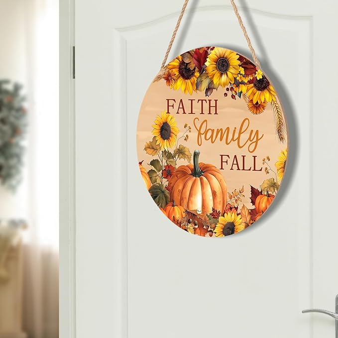 Faith Family Fall Front Door Sign Fall Sunflower Pumpkin Door Decorations Wood Sign Autumn Harvest Wreath Door Hanger Farmhouse Fall Plaques Wall Hanging Decoration for Home Proch Yard 12"x12"