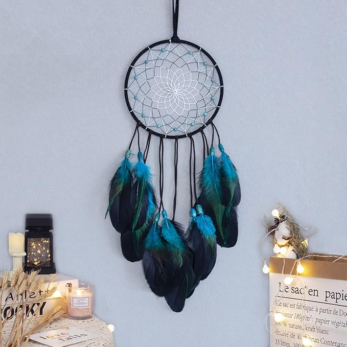 Blue Dream Catchers Handmade, Boho Traditional Circular Net for Wall Hanging Decor, Bedroom Kids, Home Decoration, Art Ornament Craft Gift