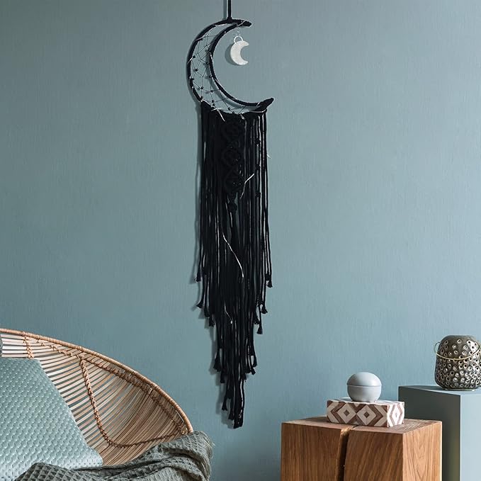 ANROYE Boho Macrame Woven Wall Hanging, Crochet Crescent Moon Star Dream Catcher with Long Tassel- Black Cotton Handmade Bohemian Home Decor Nursery Decoration Art for Kids Bedroom Dorm Room