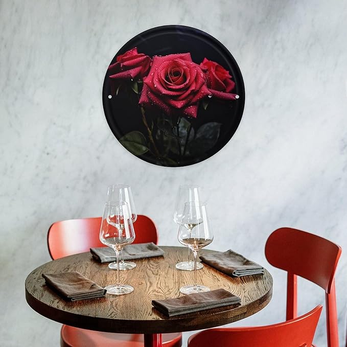 Wall Picture, with Red Rose and Black Leaves Printed Circular Iron Hanging Picture,Wall Art Decor,Home for Bedroom Living Room Bathroom Decor,Iron Painting 11.8X11.8 in