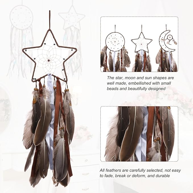 PATIKIL 28" Moon Sun Star Dream Catchers Set, Feather Handmade Dream Catchers Wall Hangings Art Decor for Home Wedding Bedroom Living Room Ornament,Brown