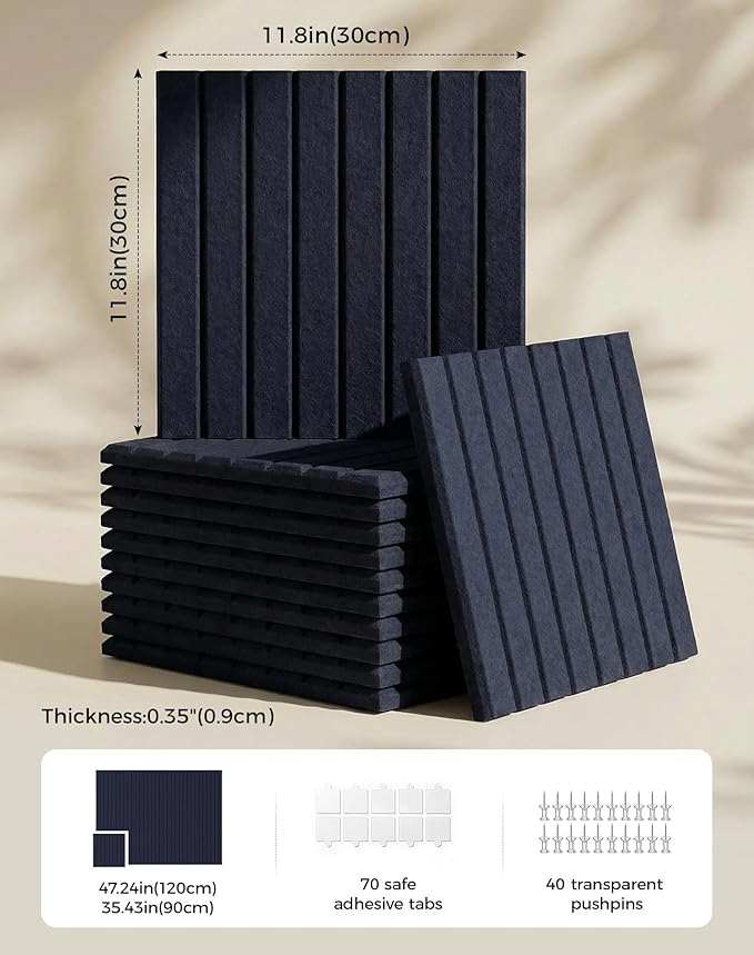 Aothia 12-Pack Felt Bulletin Board Tiles 48"x36", Modular Pin Board for Smooth Walls, Cork Board Alternative for Notes & Photos, 0.35" Thick, 70 Adhesive Tabs & 40 Pins, Navy Blue