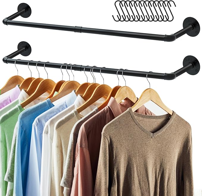 ERYTLLY Industrial Pipe Clothes Rack 38”, 2 Set Multi-purpose Wall Mounted Iron Garment Rod,Heavy Duty Detachable Hanging Clothes Rack for Closet Rod (Black,2 Base)