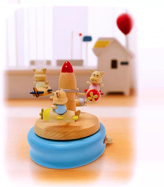 Natural Solid Wood Handcrafted Beech Wooden, Musical FigureTotoro/Carousel/Fairy/Ballerina Figurine,Rotating Hand Crank Mechanism Music Box,Musical Decorations (Little Pigs on the Plane)
