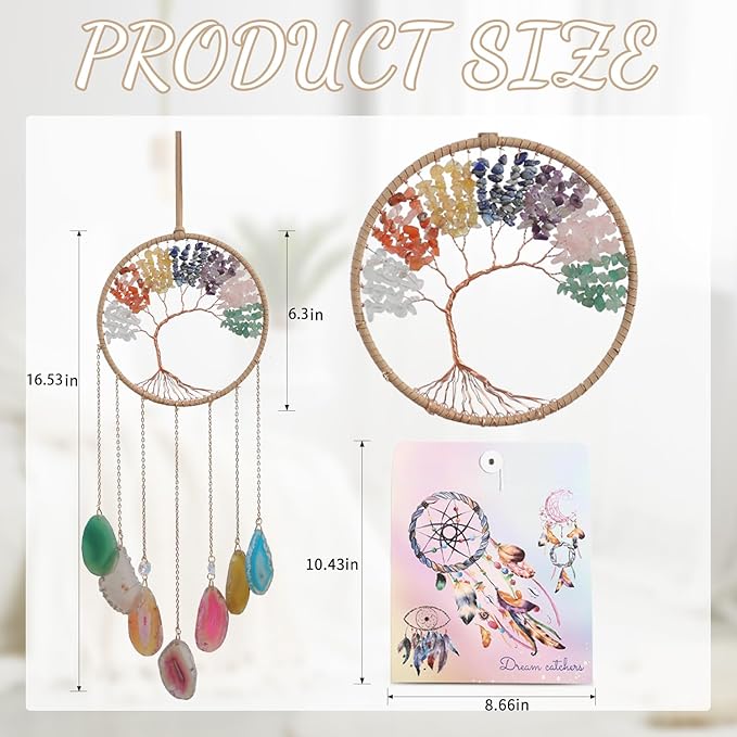 7 Chakra Crystal Tree of Life - Dreamsum Moon Dream Catchers with Chakra Agate Stone, Crystal Tree Life Wind Chimes Wall Hangings Decor for Bedroom Wedding Party Festival Blessing Gift