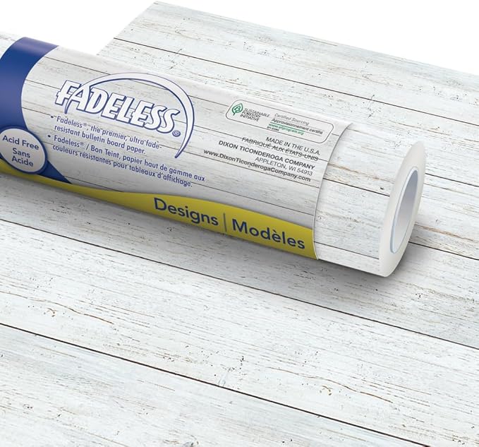 Fadeless Bulletin Board Paper, Fade-Resistant Paper for Classroom Decor, 48” x 12’, White Shiplap, 1 Roll