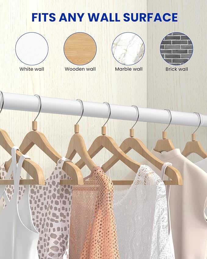Closet Rods for Hanging Clothes, 17 to 159 Inches Stepless Adjustable Metal Closet Rod, 1.3 Inches Heavy Duty Clothes Hanging Rod for Closet Wardrobes Laundry RV, White