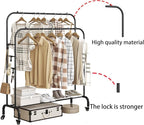 SUOERNUO Garment Rack with Wheels Clothing Rack for Hanging Clothes Multi-functional Bedroom Clothes Rack，Black+Double RodsBlack
