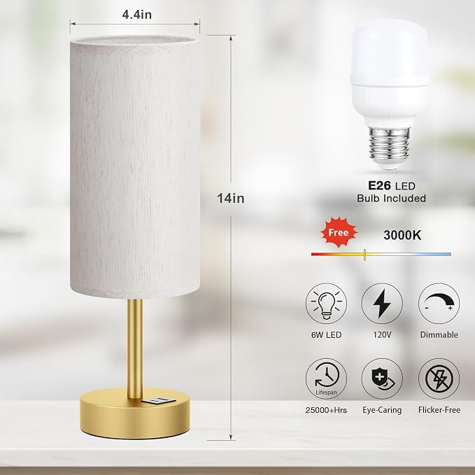 Dicoool Small Touch Bedside Lamp with USB - 3 Way Dimmable Gold Table Lamp for Bedroom, Nightstand Lamp with Gold Charging Station for Desk Dorm, Office