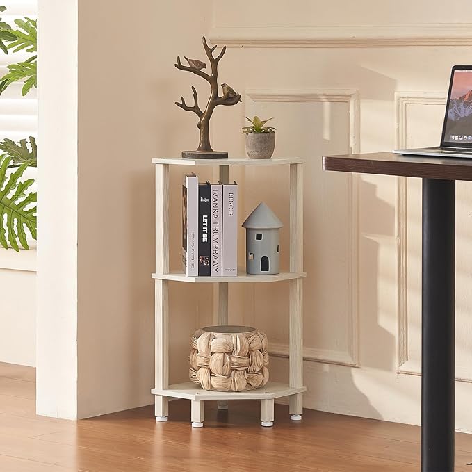 YUFAM 3-Tier Corner Shelf with Sturdy 5-Leg Base, Wooden Corner Bookshelf for Small Spaces, Small Corner Table for Living Room, Bedroom, Office, Grey White