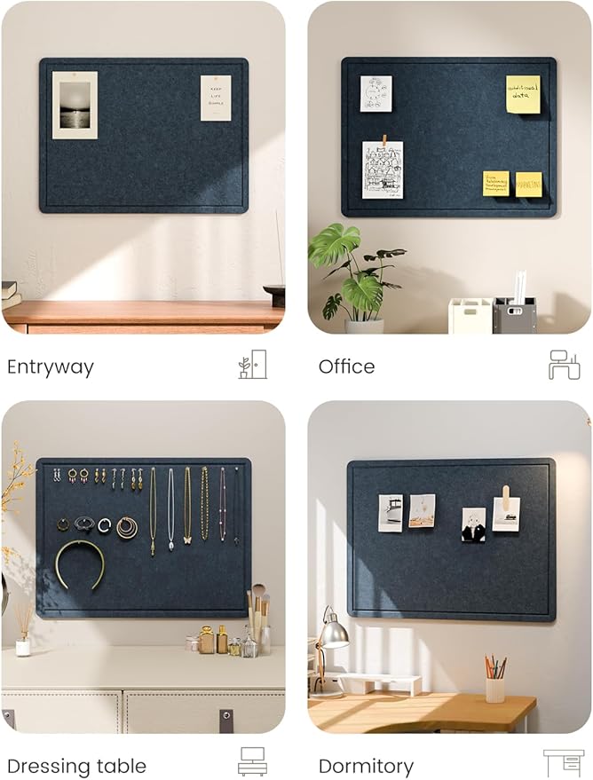 Fluxynara Bulletin Board, 23.6" x 17.5" Cork Board Alternative with 12 Safe Removable Adhesive Tabs, Foldable Felt Pin Board for Home Office, Classroom, Bedroom,Entryway for Walls—Carbon Blue