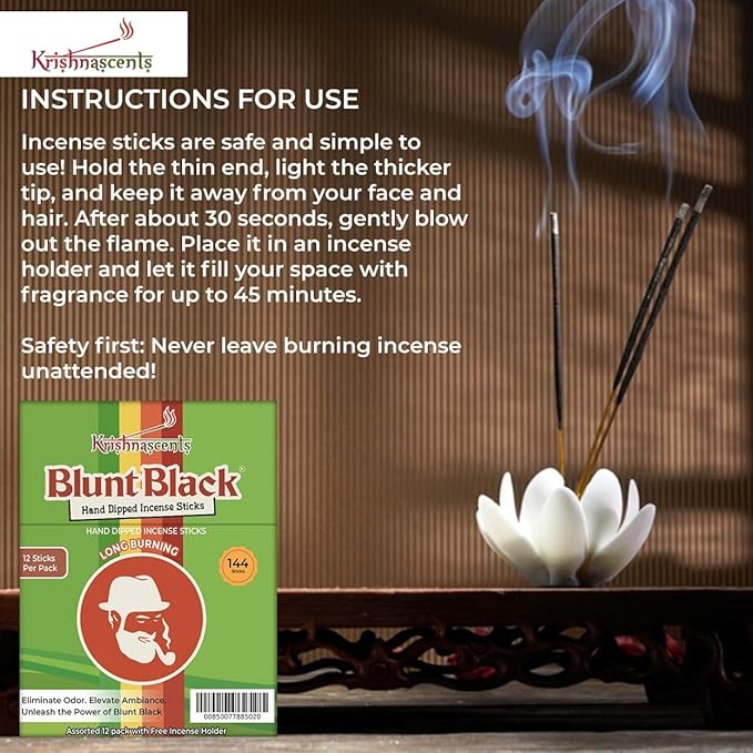 Blunt Black Hand-Dipped Incense Sticks | Premium 12 Assorted Packs - 144 Sticks, 11" Long | Aromatherapy with Long Burn Time | Free Wooden Stick Holder (Scents May Vary)