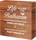 Brown Life is Like The Bathroom Wooden Box Sign Desk Decor,Funny Bathroom Wood Block Sign for Farmhouse Toilet Shelf Decor