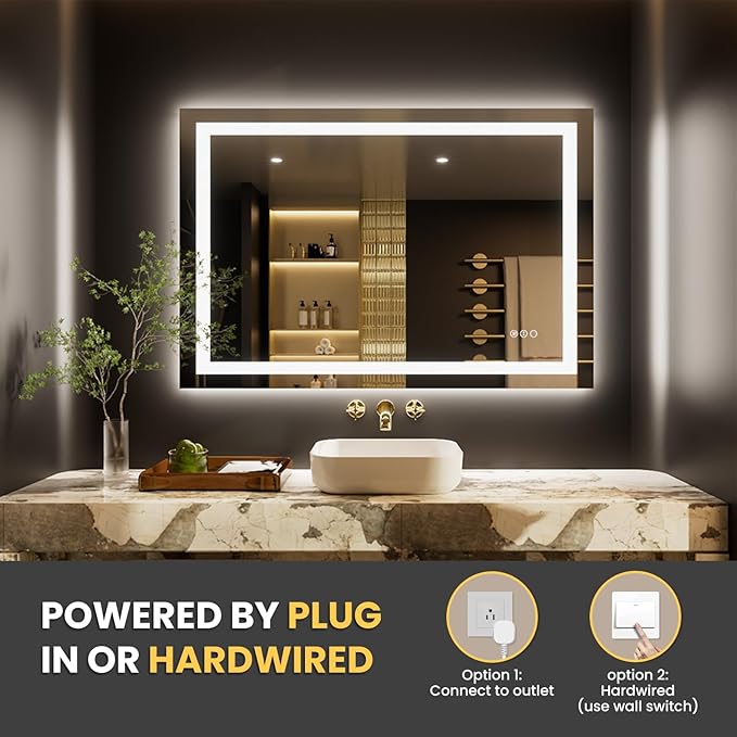 LOAAO 50"x36" LED Bathroom Mirror with Lights, Anti-Fog, Dimmable, Backlit + Front Lit, Lighted Bathroom Vanity Mirror for Wall, Memory Function