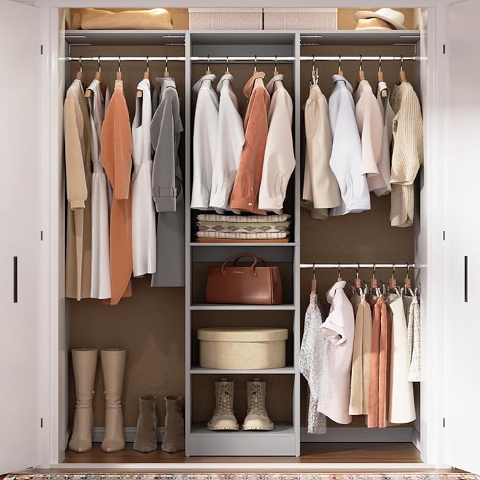 Cyclysio 4FT Small Closet System, 80"H Closet Organizer System with 4 Closets Rods & 3 Shelves, 48" Closets Organizers and Storage for Small Bedrooms, Laundry Rooms, Cloakrooms, Grey