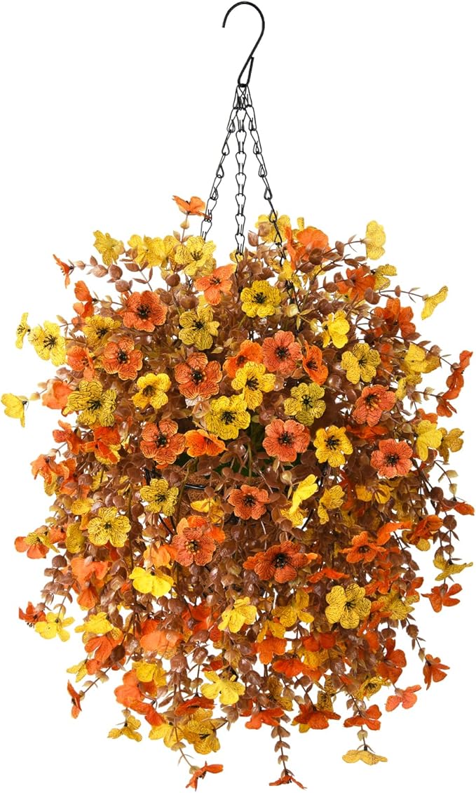 Homsunny Artificial Fsll Faux Hanging Flowers Plants Basket for Outdoor Decoration,Fake Silk Orange Mums planters UV Resistant Look Real for Home Porch Patio Yard Outside Autumn Decor (Yellow Orange)