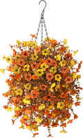 Homsunny Artificial Fsll Faux Hanging Flowers Plants Basket for Outdoor Decoration,Fake Silk Orange Mums planters UV Resistant Look Real for Home Porch Patio Yard Outside Autumn Decor (Yellow Orange)