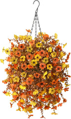 Homsunny Artificial Fsll Faux Hanging Flowers Plants Basket for Outdoor Decoration,Fake Silk Orange Mums planters UV Resistant Look Real for Home Porch Patio Yard Outside Autumn Decor (Yellow Orange)