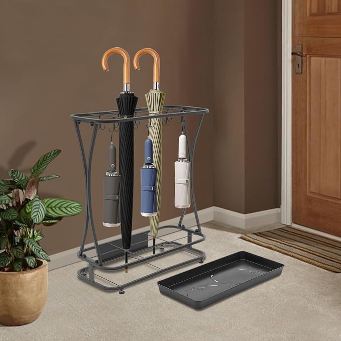 Umbrella Holder Entryway Umbrella Display Stand Rack, Free Standing Umbrella Organizer with Drip Tray, 18 Slots and 20 Hooks for Home Office Patio Indoor Outdoor(Black)