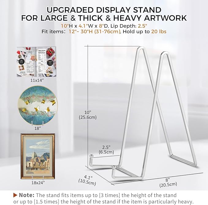 Large Plate Holder Display Stand - 10 inch Tall Plate Stands for Display - Metal Picture Frame Stand - Big Tabletop Easel Stand for Decorative Plates | Platter | Book | Plaque | Tile - 2 Pack - Silver