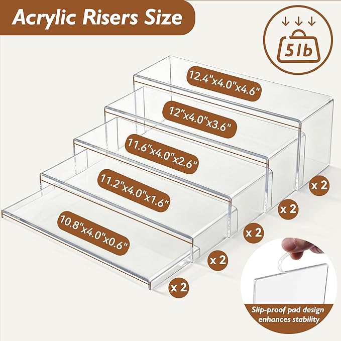 Aminigram Large Acrylic Display Risers, 2 Set - 10 Pack Collectibles Display Shelf, Acrylic Risers Display Stands for Show Figures, Cupcake, Perfume, Jewelry, Toys(12.4”L~12”L~11.6”L~11.2”L~10.8”L)