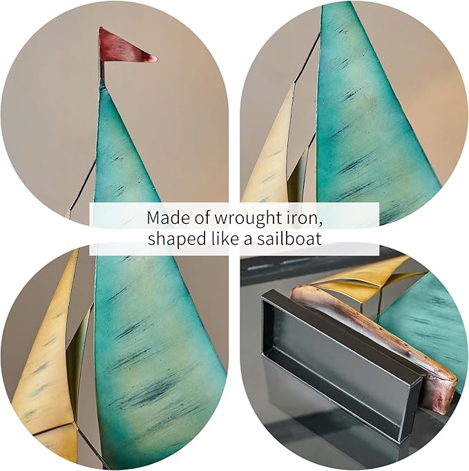 Retro Metal Sailboat Decor, Iron Nautical Sculpture for Home, Vintage Boat Figurine for Living Room Table, Office Desk, Bookshelf, Coastal Style Decoration (Lake Blue & Yellow)