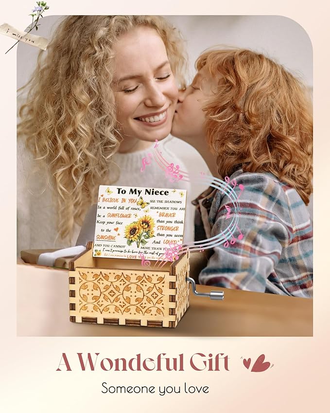 Swooflia Mother's Day Wooden Music Box for Niece with Sunflower Greeting Card - Hand Crank Engraved Musical Box Vintage Mechanism Personalized Gifts for Women On Birthday