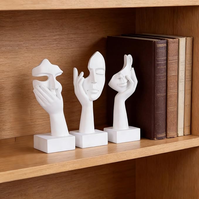 3 Pcs Thinker Small Statue Set - White Art Abstract Home Accent Figurines for Decor Woman Apartment Bookshelf Floating Shelf Coffee Table Office Desk Bathroom Counter Decor (3 Pcs White, 6")
