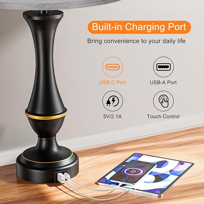 Seealle Upgraded Touch Lamps for Bedrooms Set of 2 - Nightstand Table Lamp with USB C+A, 3 Way Dimmable Lamps for Living Room(Grey)