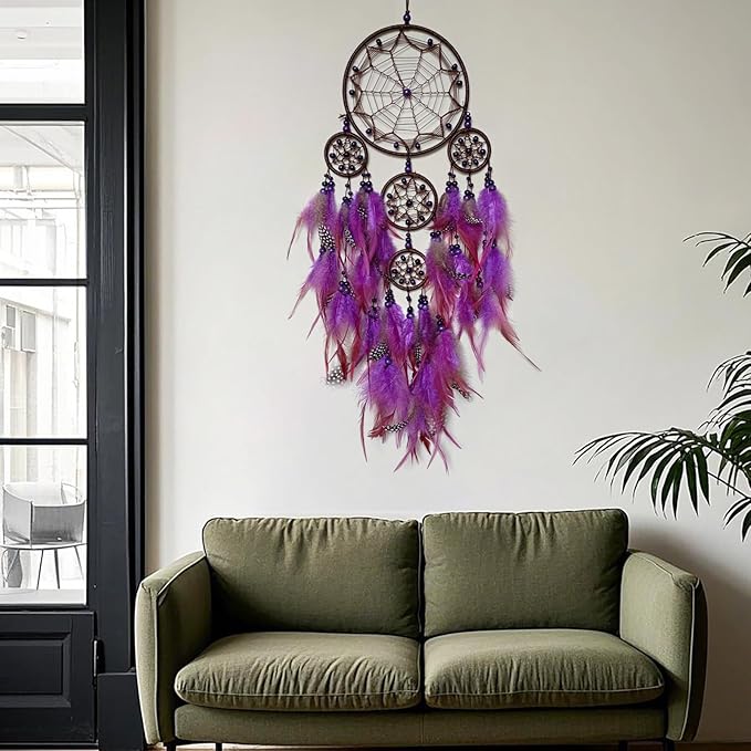 Large Dream Catcher Wall Decor Purple Dream Catchers with Wooden Bead Handmade Feather Dreamcatcher Wall Hanging Ornament for Bedroom Living Room Home Decor