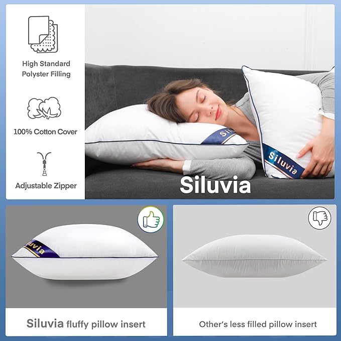 Siluvia 16"x16" Pillow Inserts Set of 2 Square Throw 16 Pillows with 100% Cotton Cover for Sofa, Couch, and Bed - White