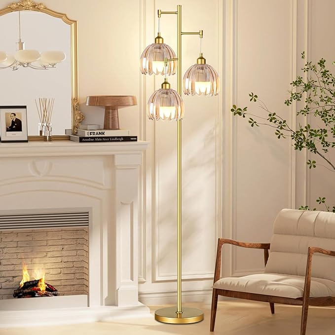 QIYIZM Gold Floor Lamp for Living Room,Bedroom,Tree 3 Light Standing Lamp Mid Century Modern Brass Tall Floor Lamps Vintage Retro Floor Lights Glass Flower Amber Lamp Shade Farmhouse Boho Bohemian