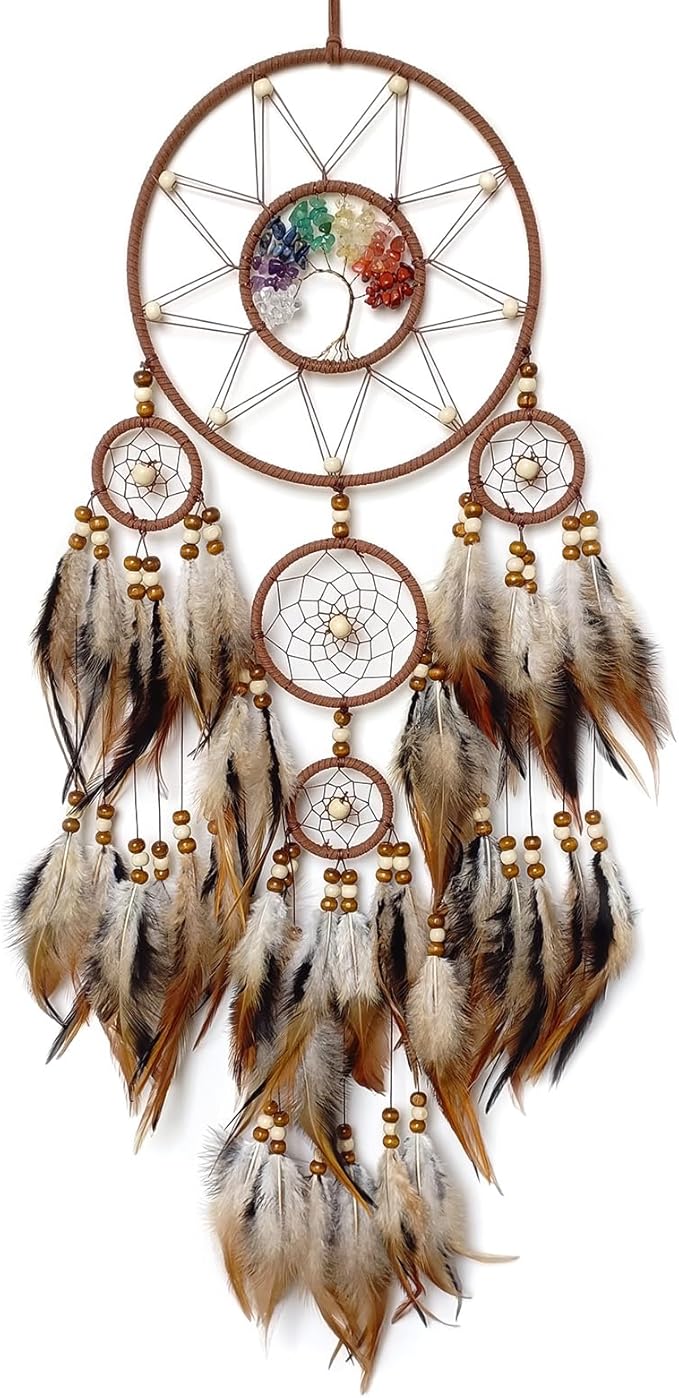 Brown Large Dream Catcher Wall Decor Crystal Tree of Life Dream Catchers Handmade Feather Dreamcatcher Wall Hanging Ornament for Bedroom Living Room Home Decor