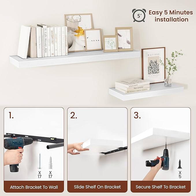 Vivelove 2" Thick Floating Shelves, 47.2 Inch X 12 Deep Shelves for Room Wall Mounted, Floating Shelf for Living Room Bedroom Bathroom Kitchen Laundry Room, Set of 2 White