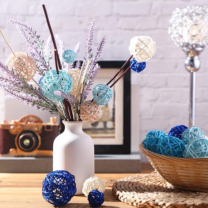 Patelai 36 Pcs Wicker Rattan Balls Decorative Balls for Vase Centerpiece Bowls Orbs Filler for Home Decor,4 Sizes(White, Blue Series,2.4'',2'',1.6'',1.2'')