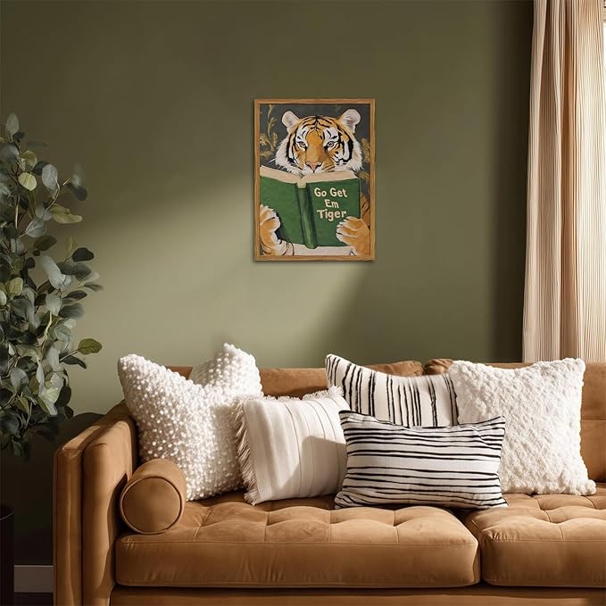 Framed Funny Tiger Wall Art, Motivational Animal Reading Wall Decor Paintings, Eclectic Go Get Em Tiger Canvas Prints Pictures Home Decor for Living Room Bedroom Dorm Office 16x24 inch