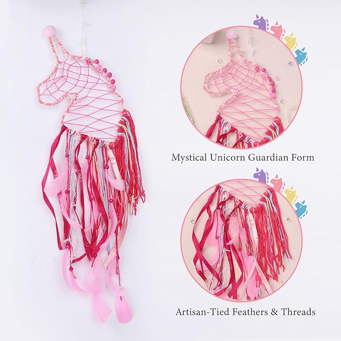 Pretty Jolly Unicorn Dream Catchers for Little Girls Bedroom Handmade Kids Dreamcatcher with Fluffy Pom Poms Feathers&Beads,Nursery Wall Decor for Toddler Girls Room,Children Birthday Gift(Pink)