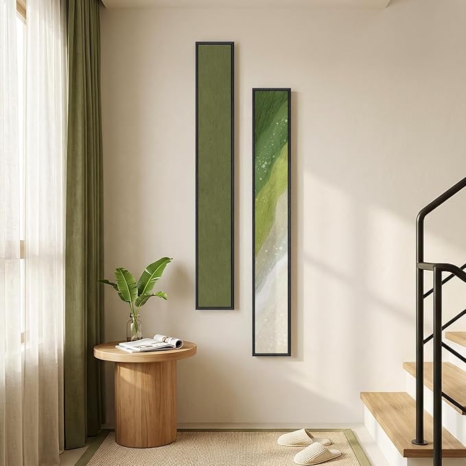 Long Narrow Framed Sage Green Vertical Abstract Wall Art Set, 2 Piece Modern Canvas Prints Paintings Artwork for Walls, Green Minimalist Pictures for Hallway Entryway Living Room Bedroom Wall Decor