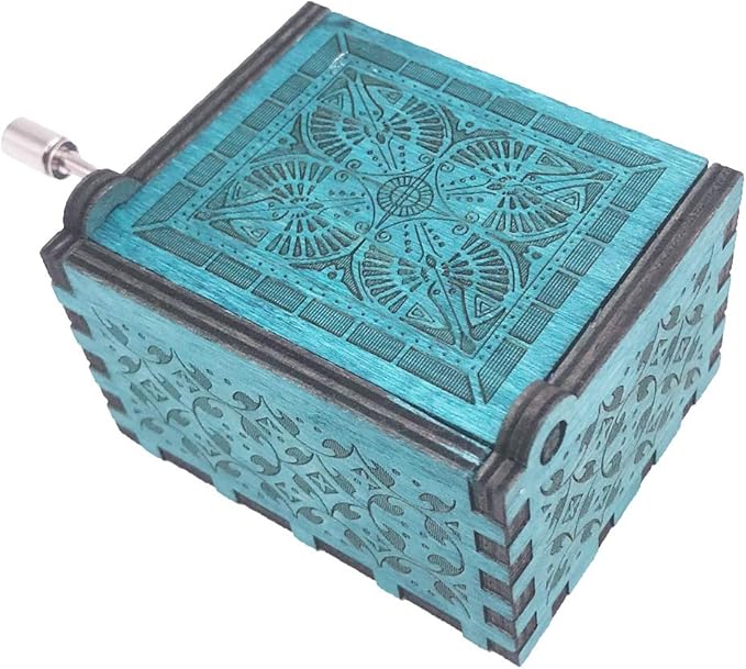 Davy Jones Locket Music Box Hand Crank Musical Box Carved Wooden,Play Davy Jone's Theme,Blue